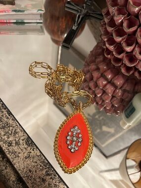 RARE!! GERARD YOSCA orange enamel teardrop pendant long adj Gold Chain Necklace
